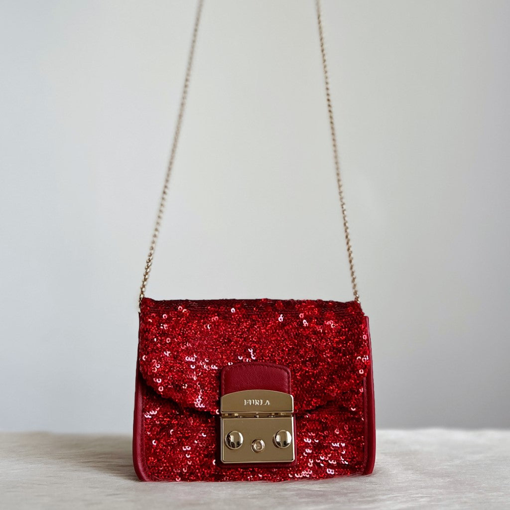 Furla Red Leather Sequined Metropolis Small Shoulder Bag Like New