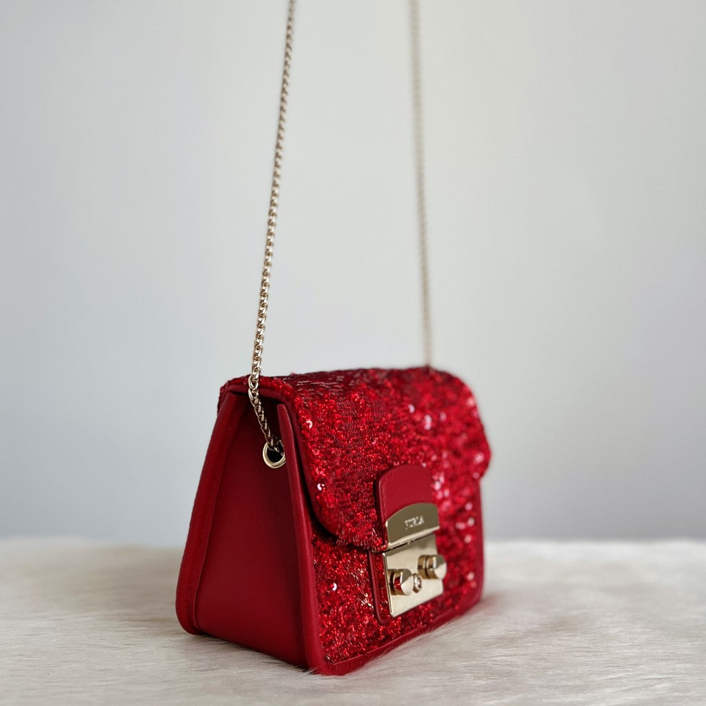 Furla Red Leather Sequined Metropolis Small Shoulder Bag Like New