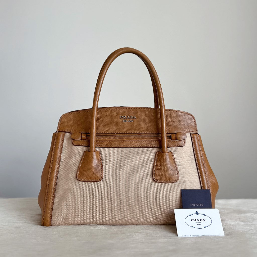 Prada Caramel Leather Patchwork Front Logo Career Tote Bag Excellent