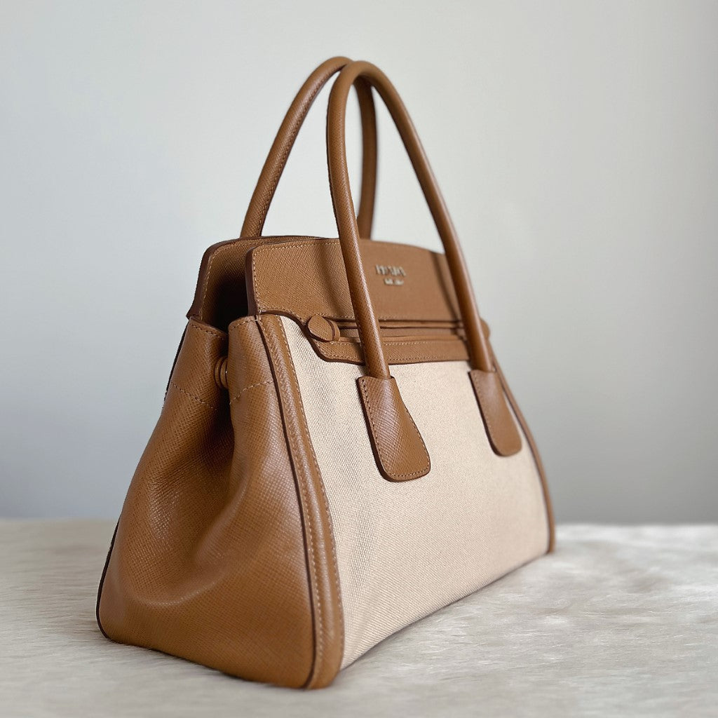 Prada Caramel Leather Patchwork Front Logo Career Tote Bag Excellent