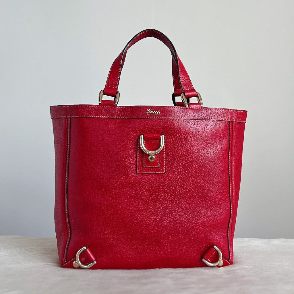 Gucci Red Leather Front Logo Ring Detail Tote Bag Excellent