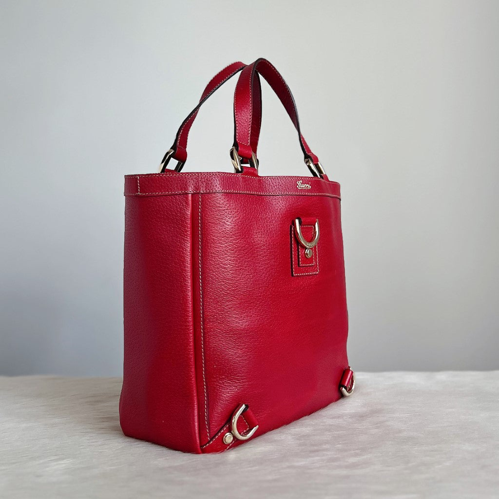 Gucci Red Leather Front Logo Ring Detail Tote Bag Excellent