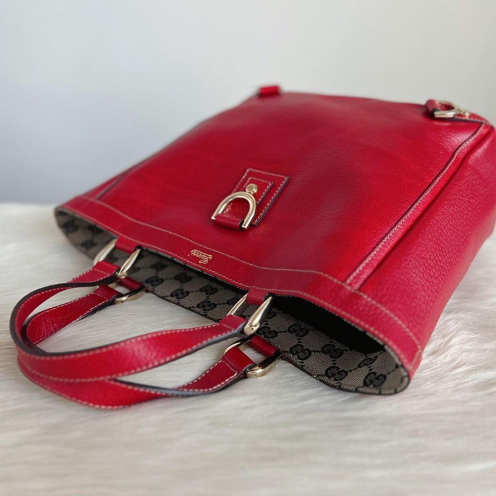 Gucci Red Leather Front Logo Ring Detail Tote Bag Excellent