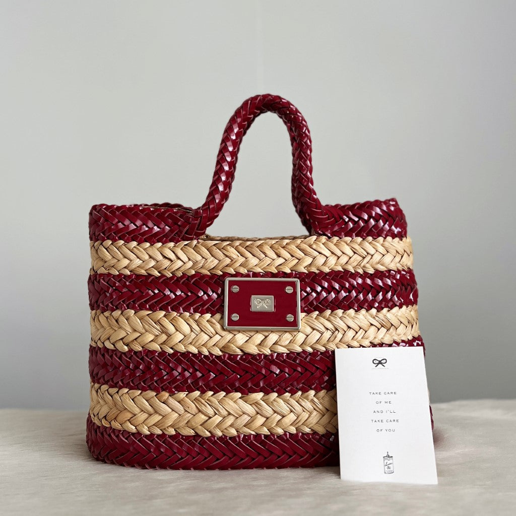 Anya Hindmarch Patent Red Leather Straw Patchwork Tote Bag Excellent