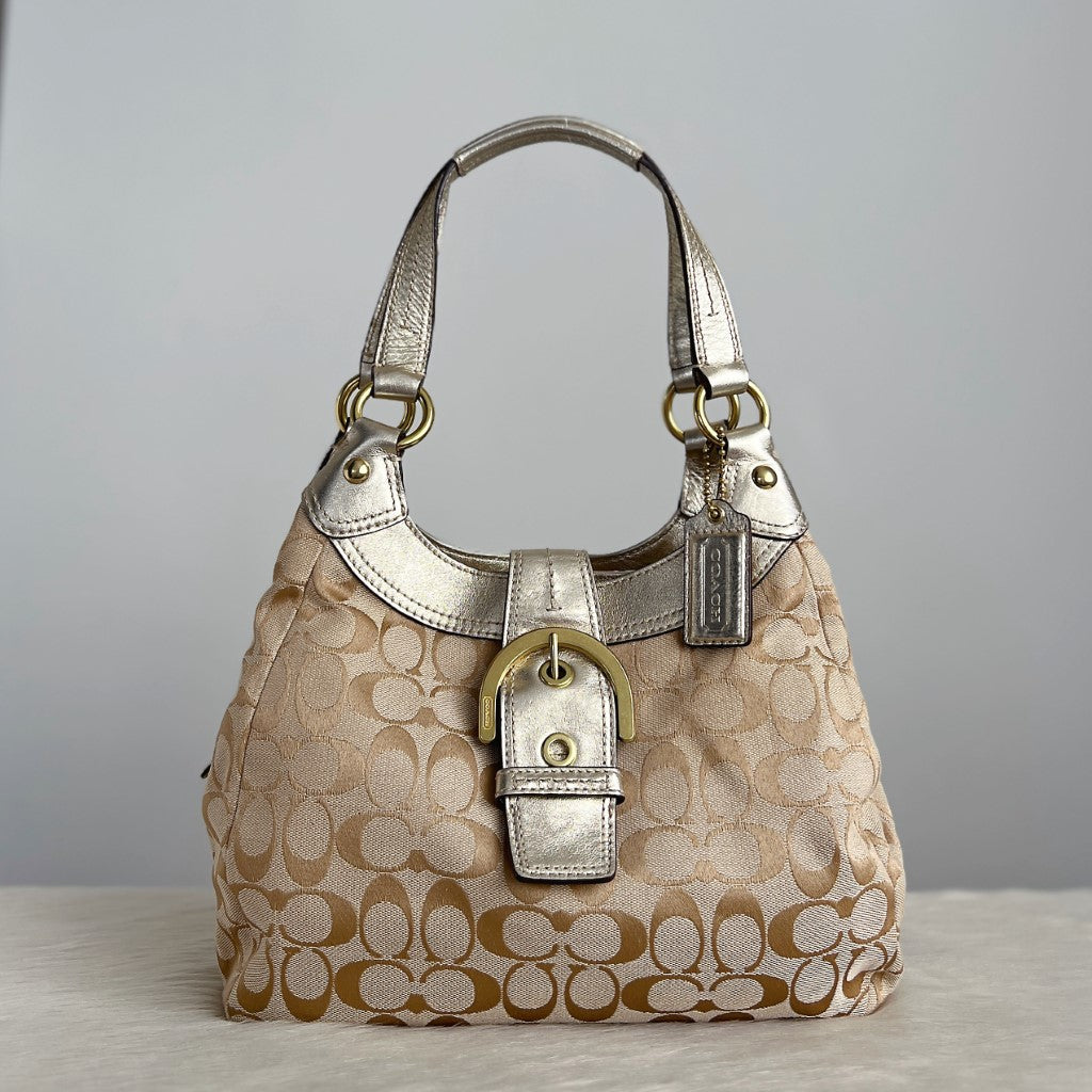 Coach Light Gold Leather Monogram Triple Compartment Shoulder Bag