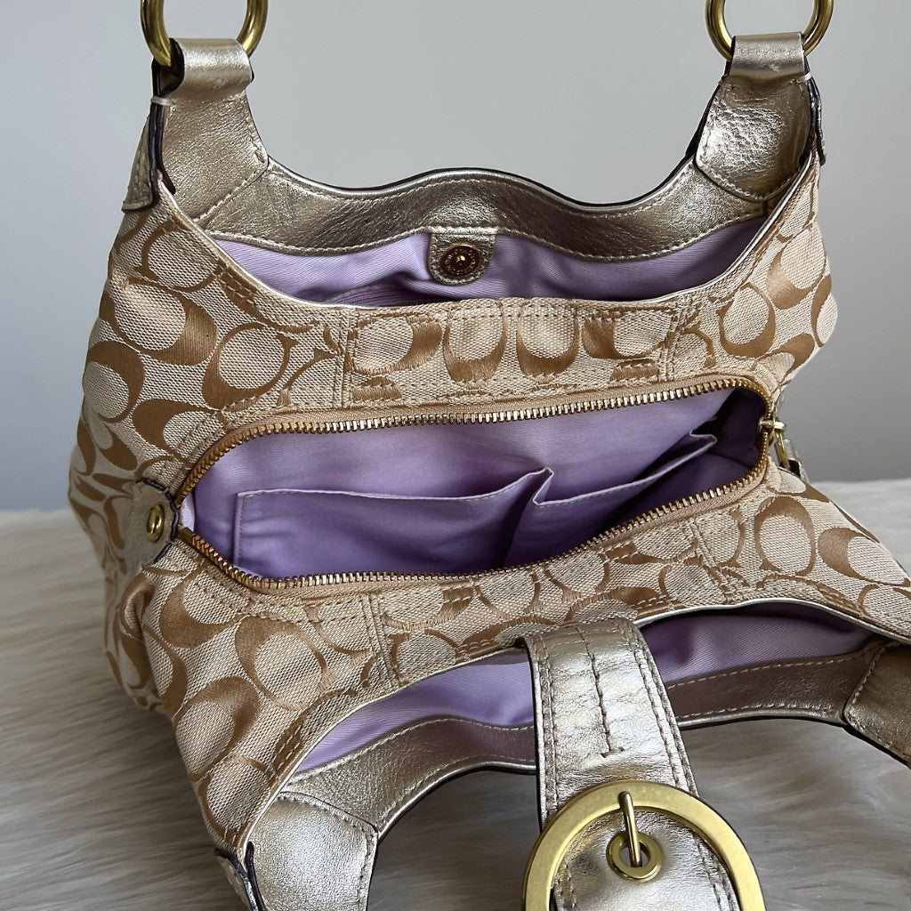 Coach Light Gold Leather Monogram Triple Compartment Shoulder Bag