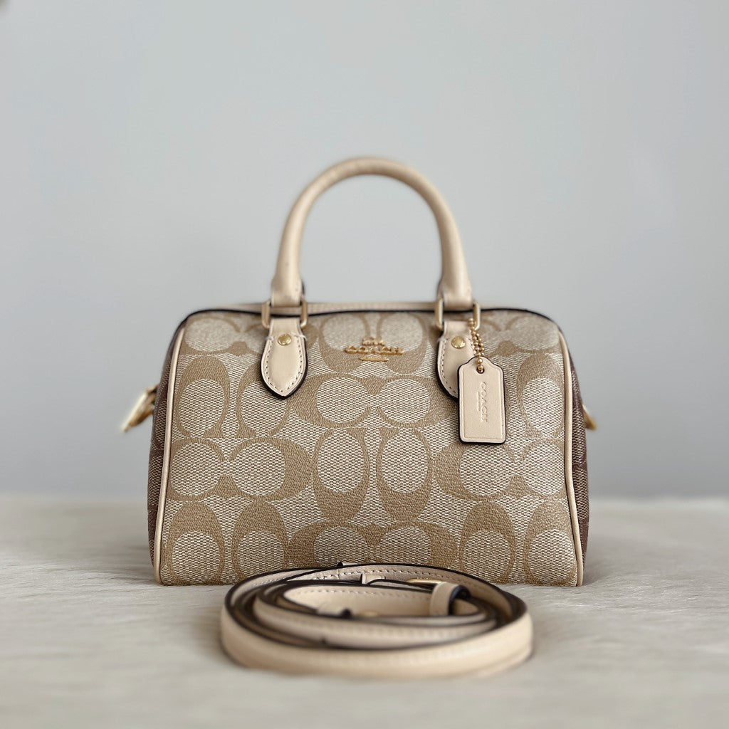 Coach Creamy Leather Two Tone Monogram Boston Mini 2 Way Shoulder Bag