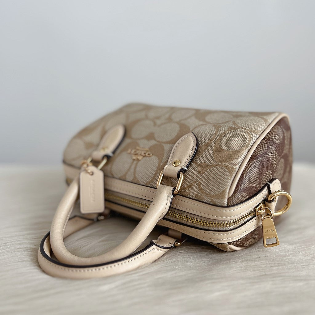 Coach Creamy Leather Two Tone Monogram Boston Mini 2 Way Shoulder Bag