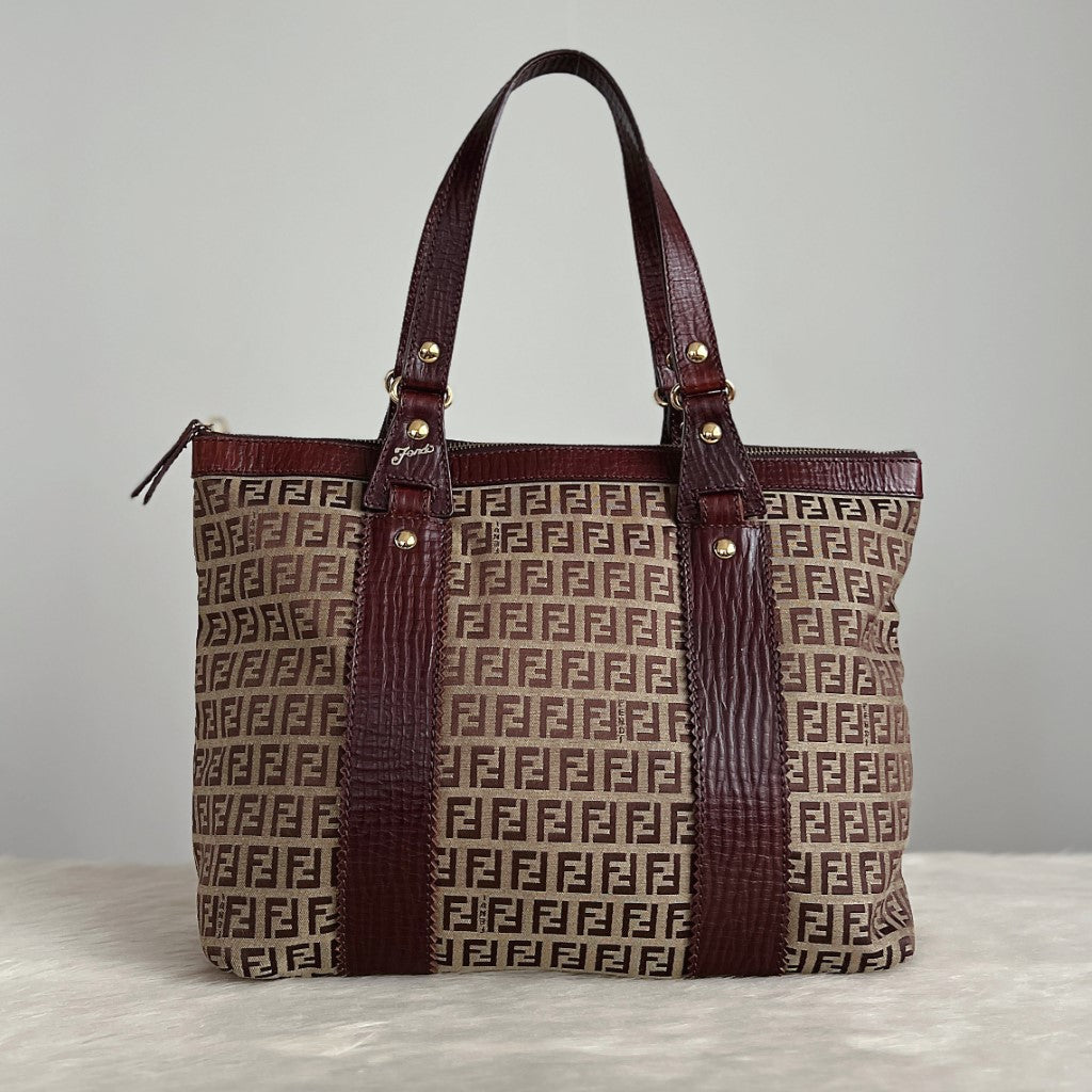 Fendi Brown Leather Signature F Monogram Carryall Shoulder Bag