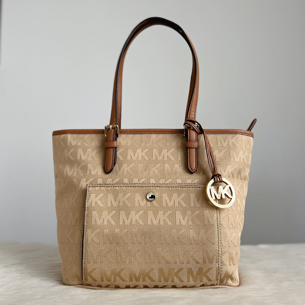 Michael Kors Caramel Leather MK Print Shoulder Bag Excellent