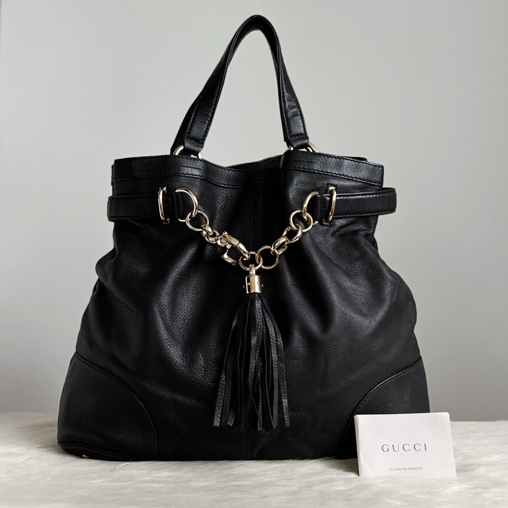 Gucci Black Leather Gold Chain Tassel Oversized Shoulder Bag Excellent