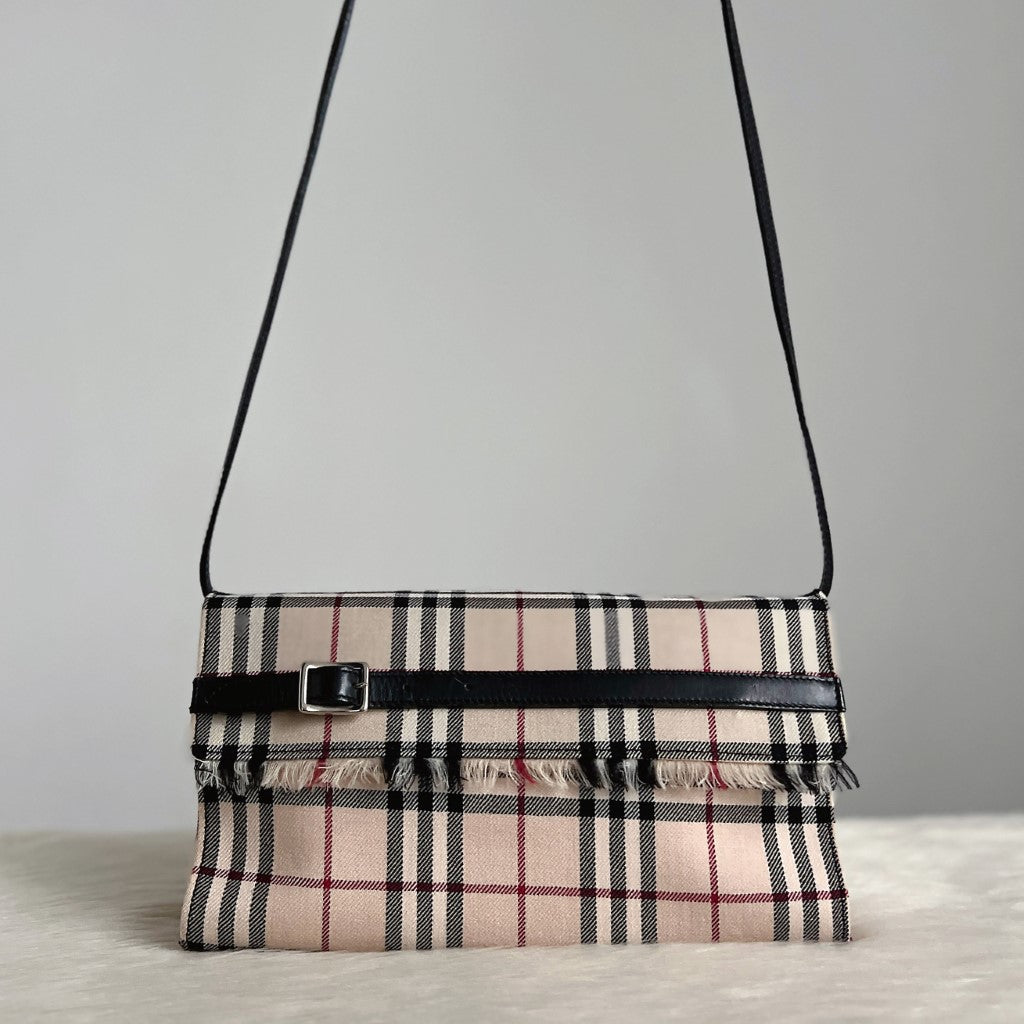 Burberry Signature Check Black Buckle Leather Detail Crossbody Shoulder Bag Excellent