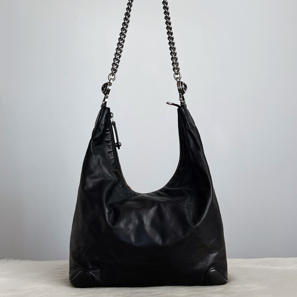 Gucci Black Leather Slouchy Chain Detail Crossbody Shoulder Bag