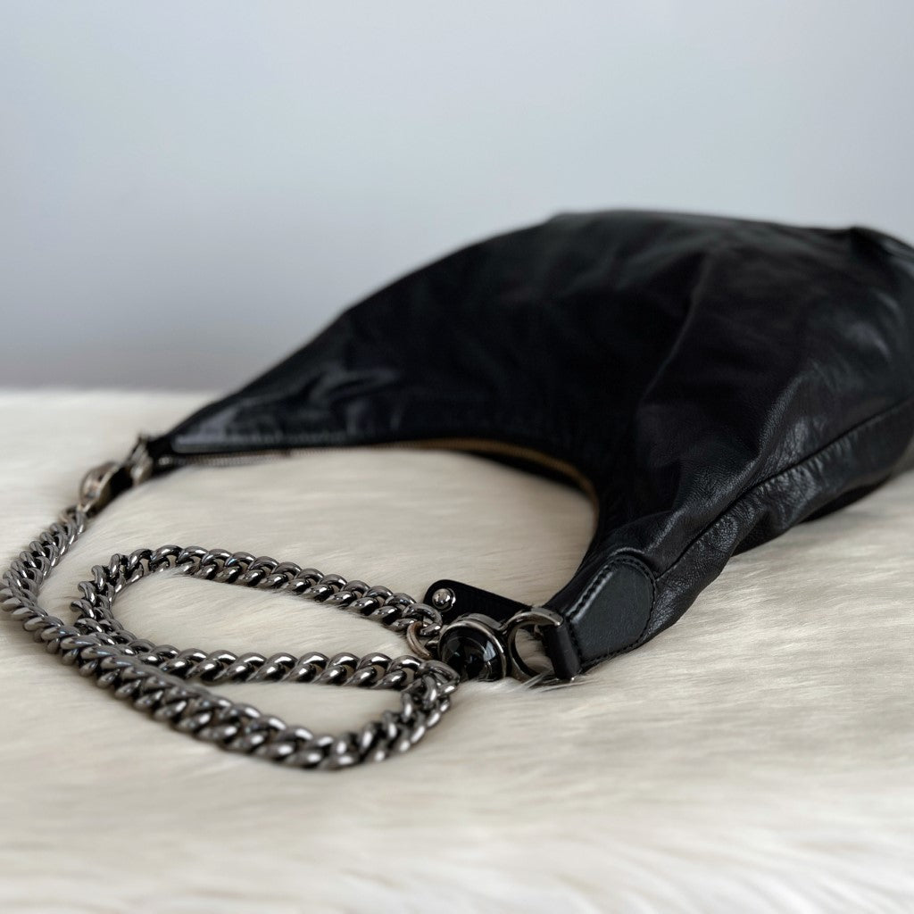 Gucci Black Leather Slouchy Chain Detail Crossbody Shoulder Bag