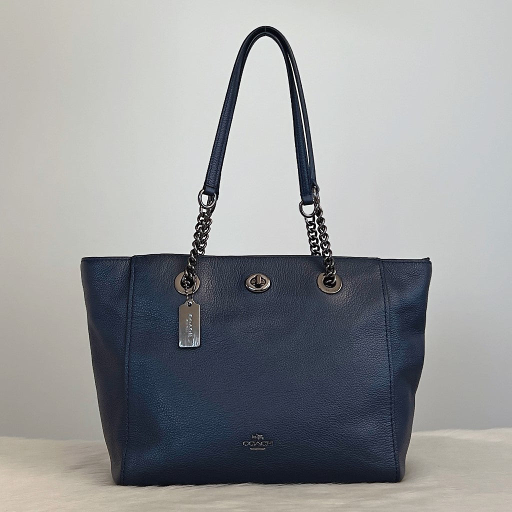 Coach Navy Leather Chain Detail Carryall Shoulder Bag Excellent