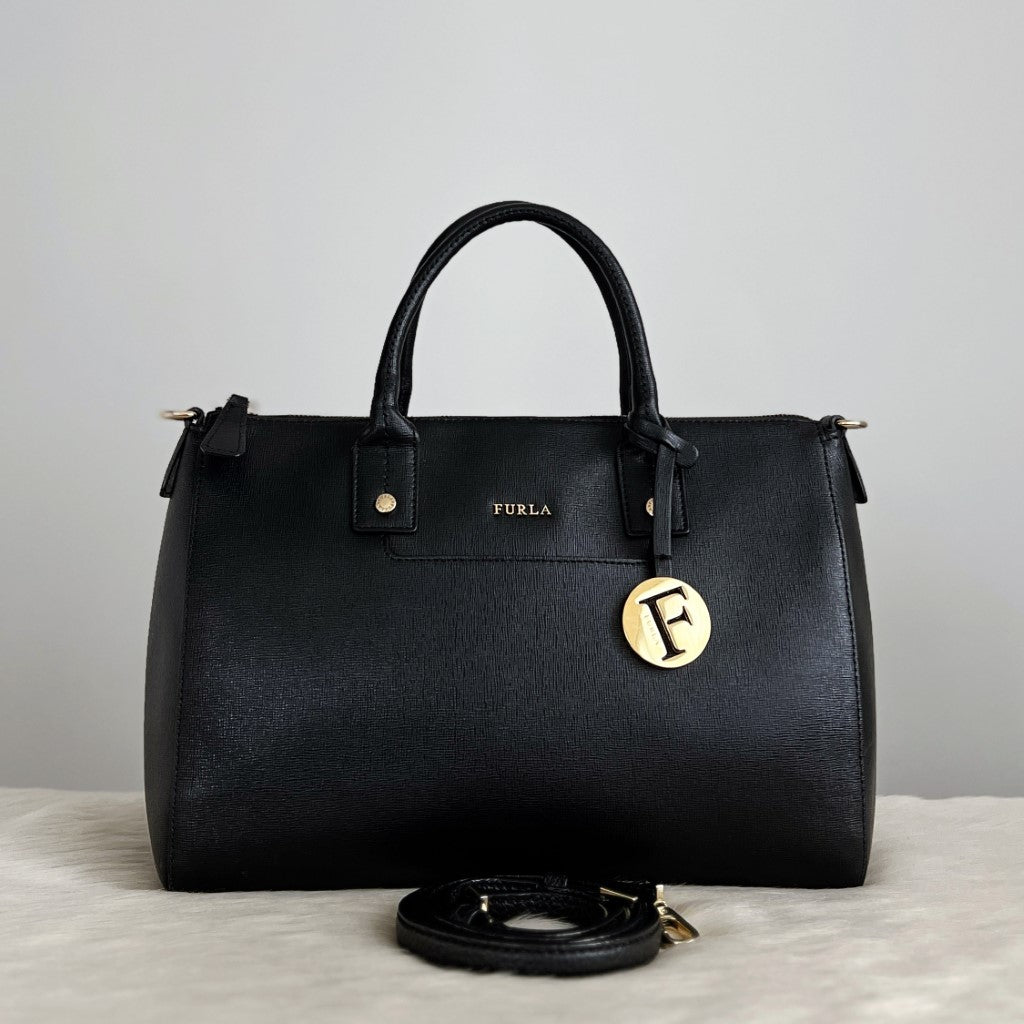 Furla Black Leather F Charm Boston 2 Way Shoulder Bag