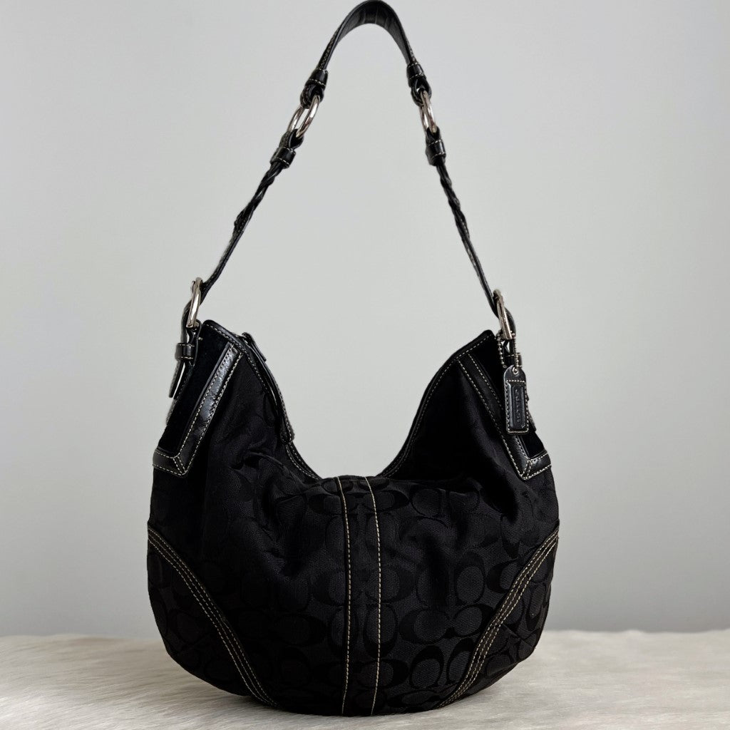 Coach Black Leather Monogram Pleated Strap Slouchy Shoulder Bag