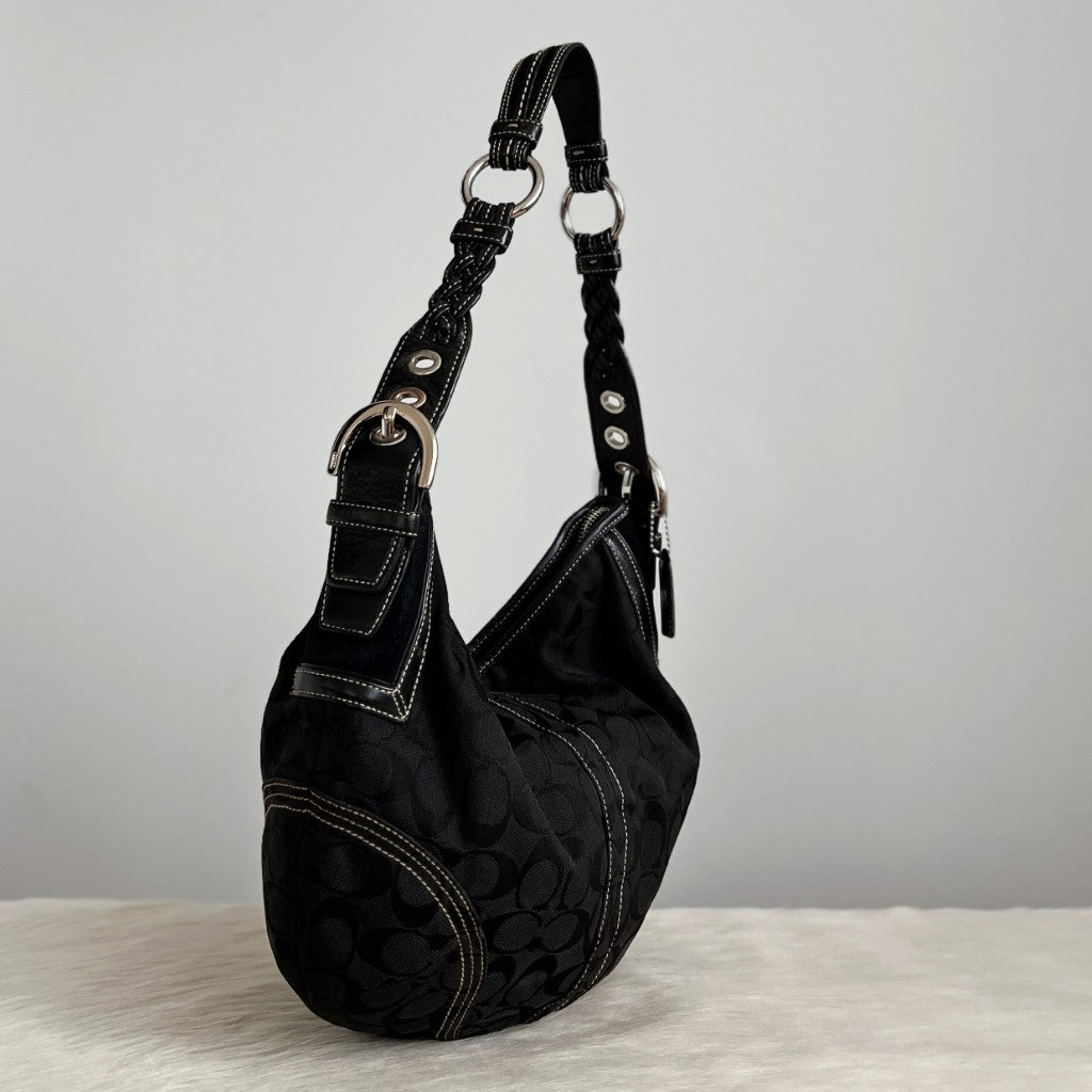 Coach Black Leather Monogram Pleated Strap Slouchy Shoulder Bag