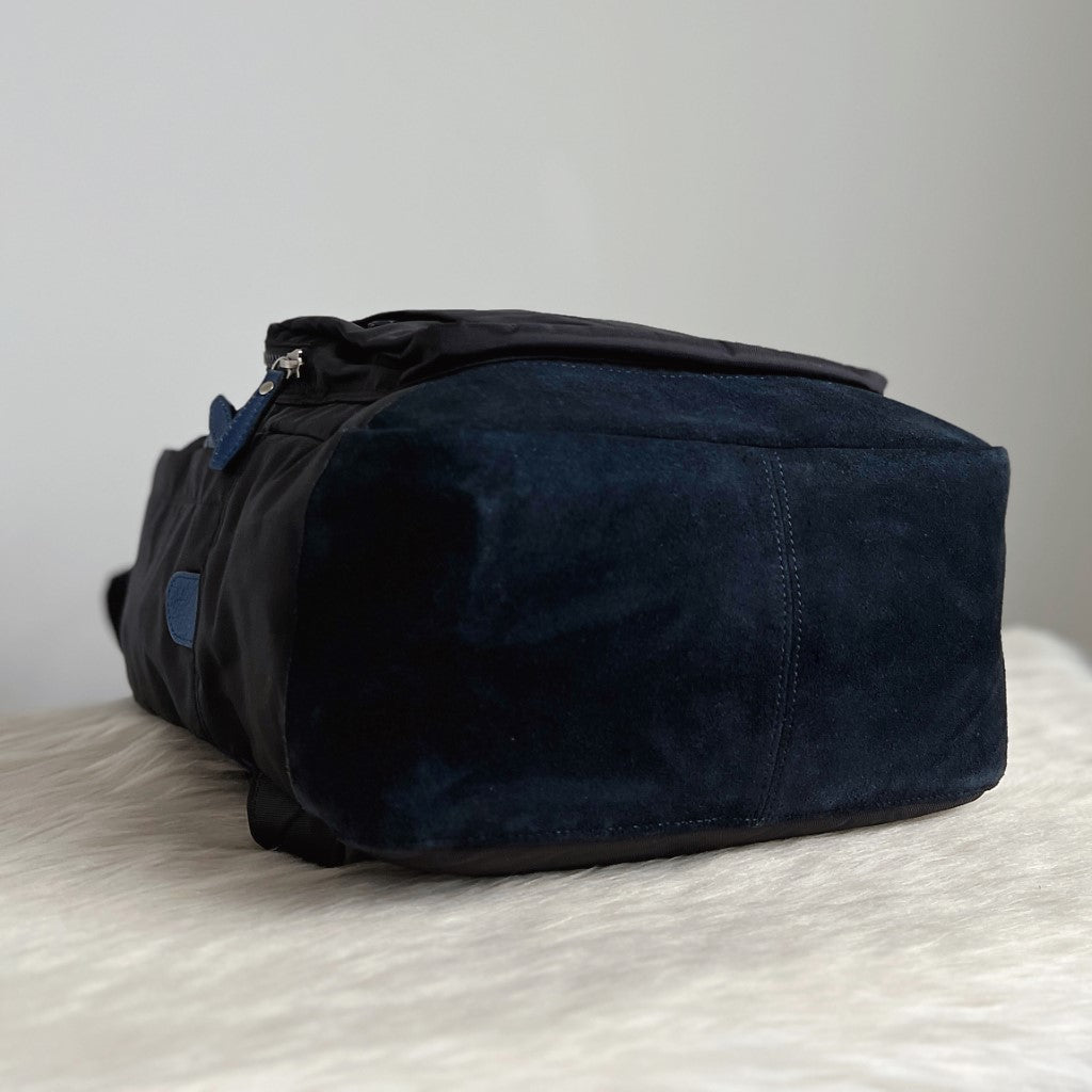 Burberry Navy Suede Canvas Patchwork Backack Excellent