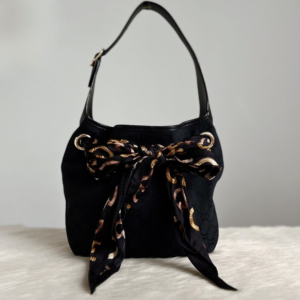 Gucci Black Double G Monogram Scarf Bucket Shoulder Bag Excellent