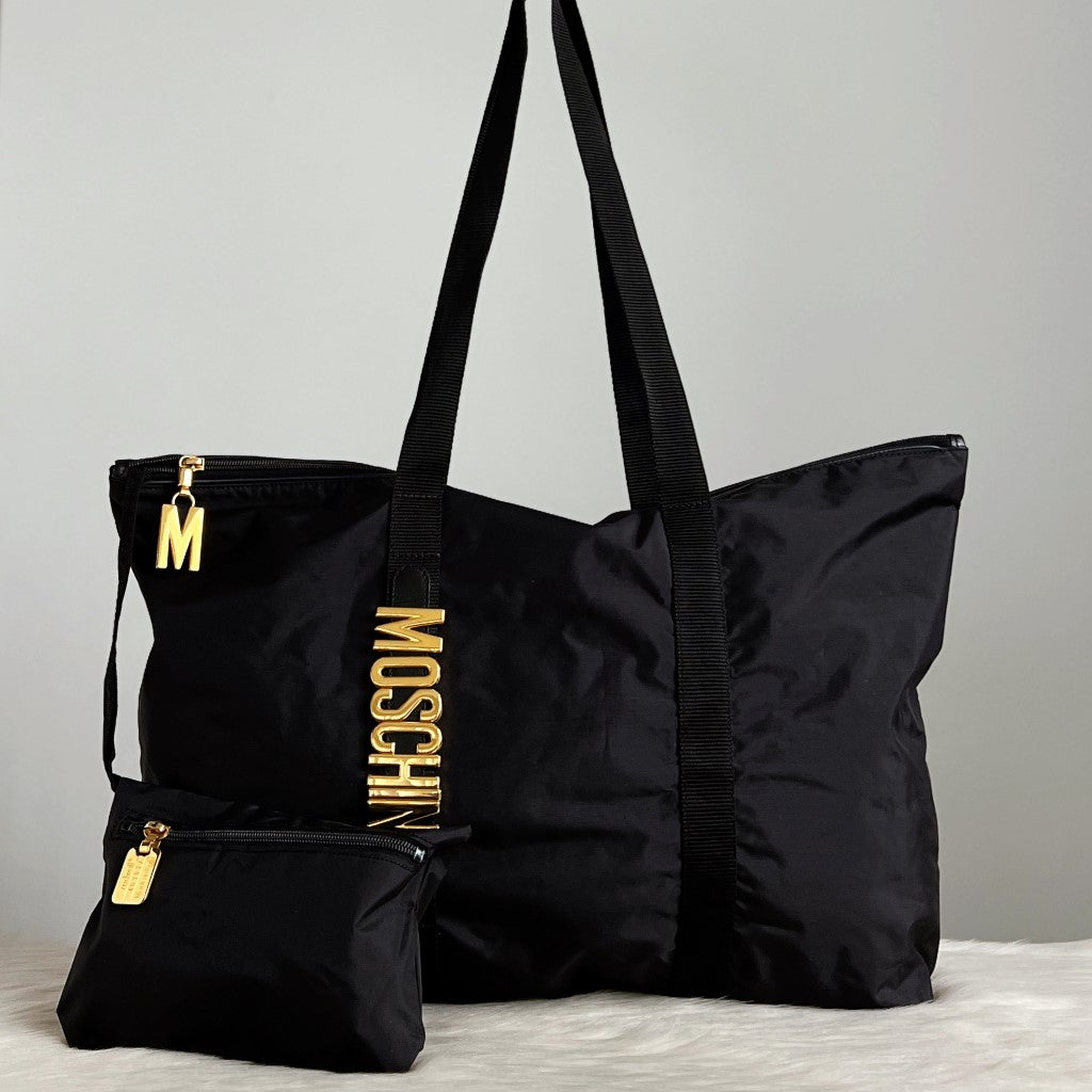 Moschino Black Nylon Front Detail Oversized Shoulder Bag + Pouch Excellent