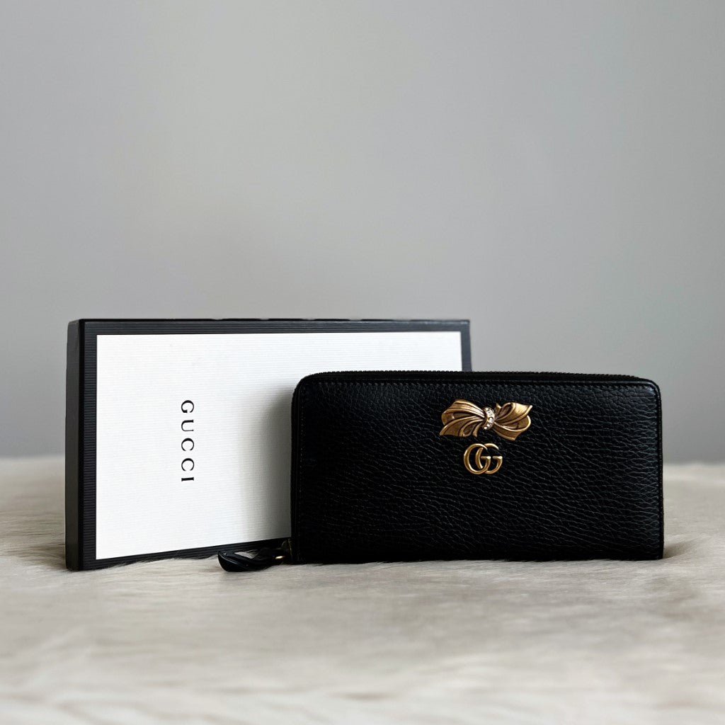 Gucci Black Leather Double G Bow Detail Long Wallet Like New