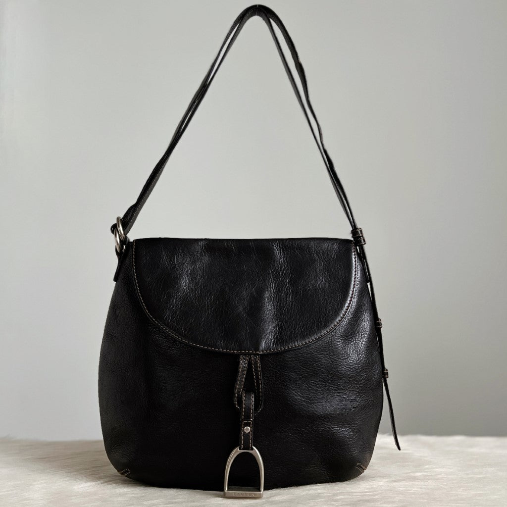 Ralph Lauren Black Leather Flap Closure Shoulder Bag