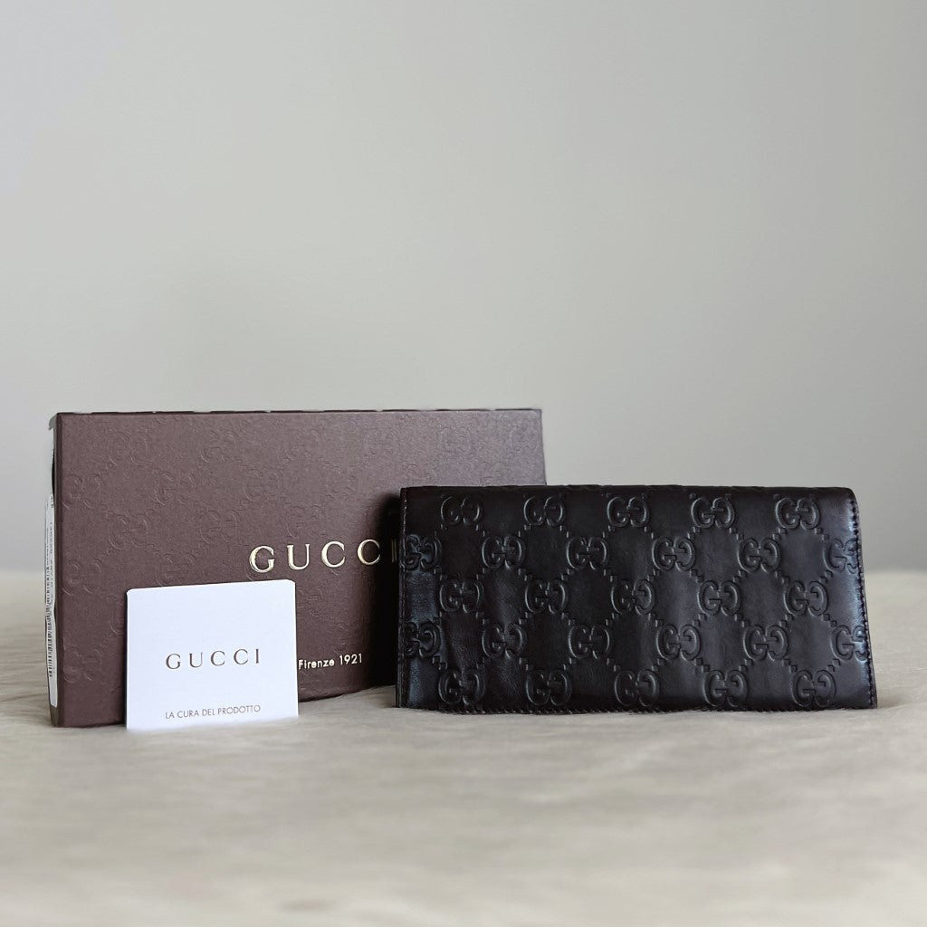 Gucci Dark Chocolate Leather Embossed GG Logo Fold Long Wallet Excellent