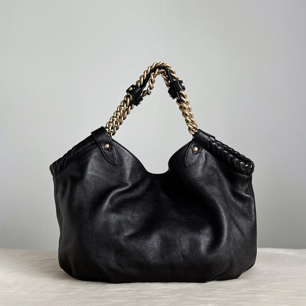 Max Mara Black Leather Chain Detail Slouchy Shoulder Bag Excellent