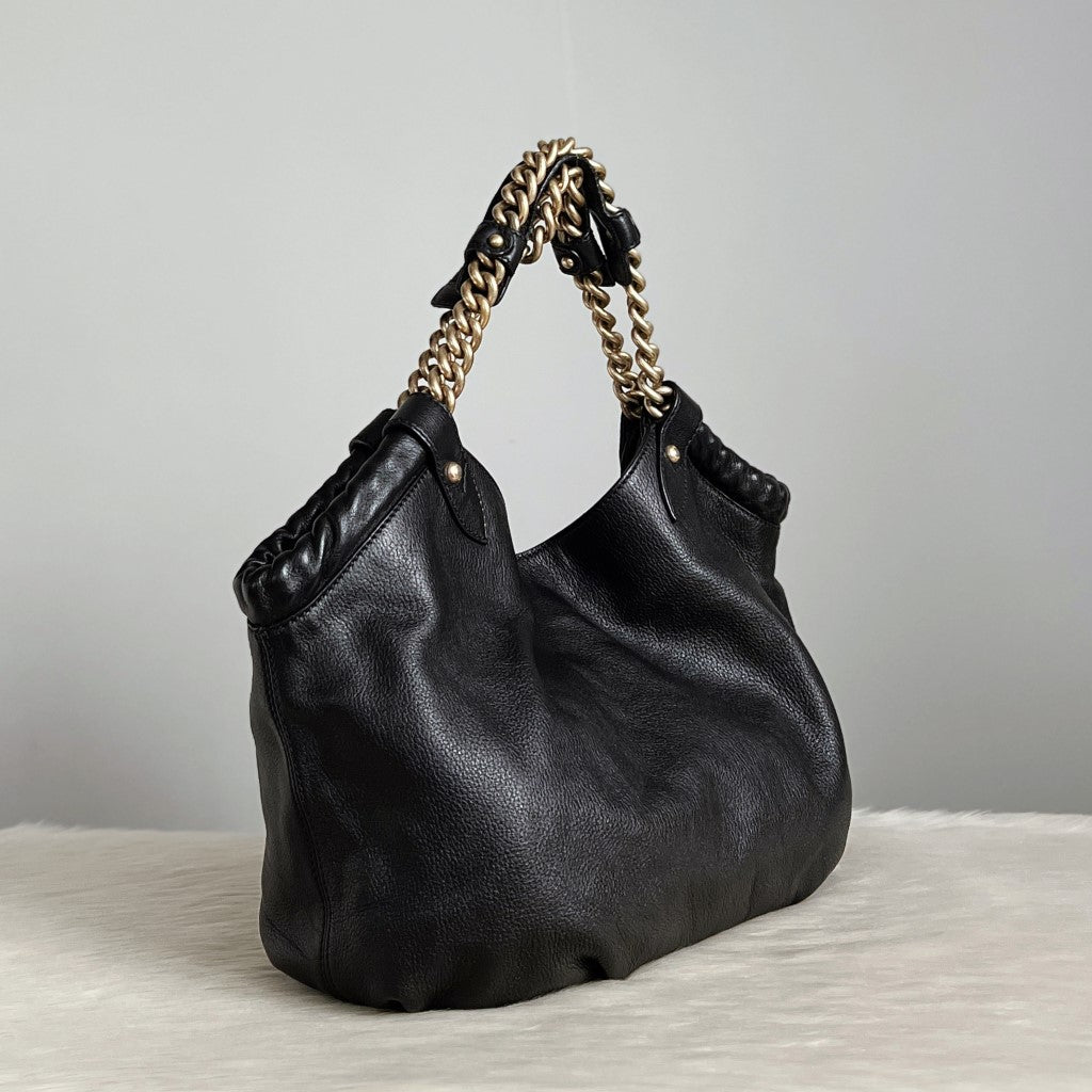 Max Mara Black Leather Chain Detail Slouchy Shoulder Bag Excellent