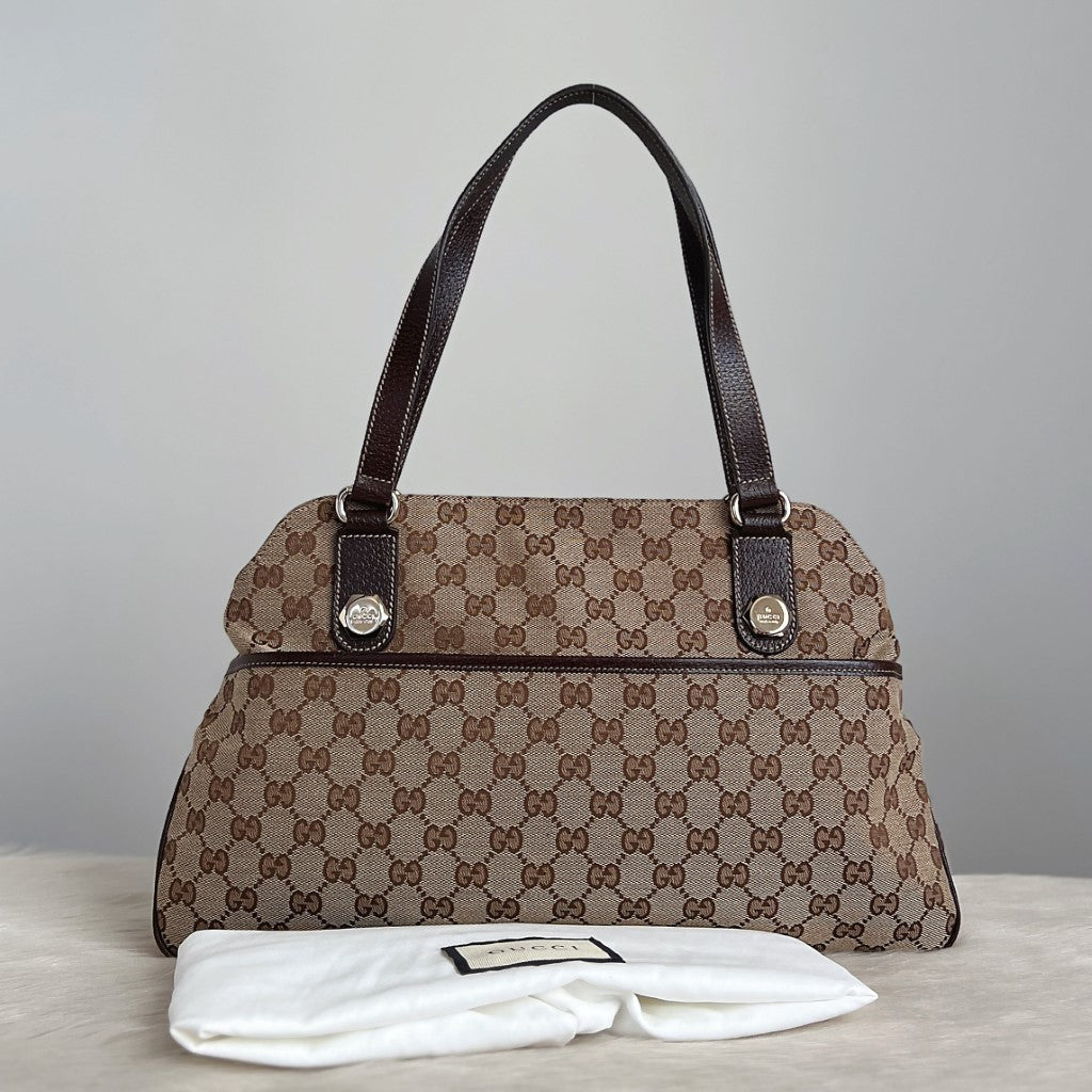 Gucci Brown Leather Trim Signature Double G Monogram Carryall Shoulder Bag Excellent