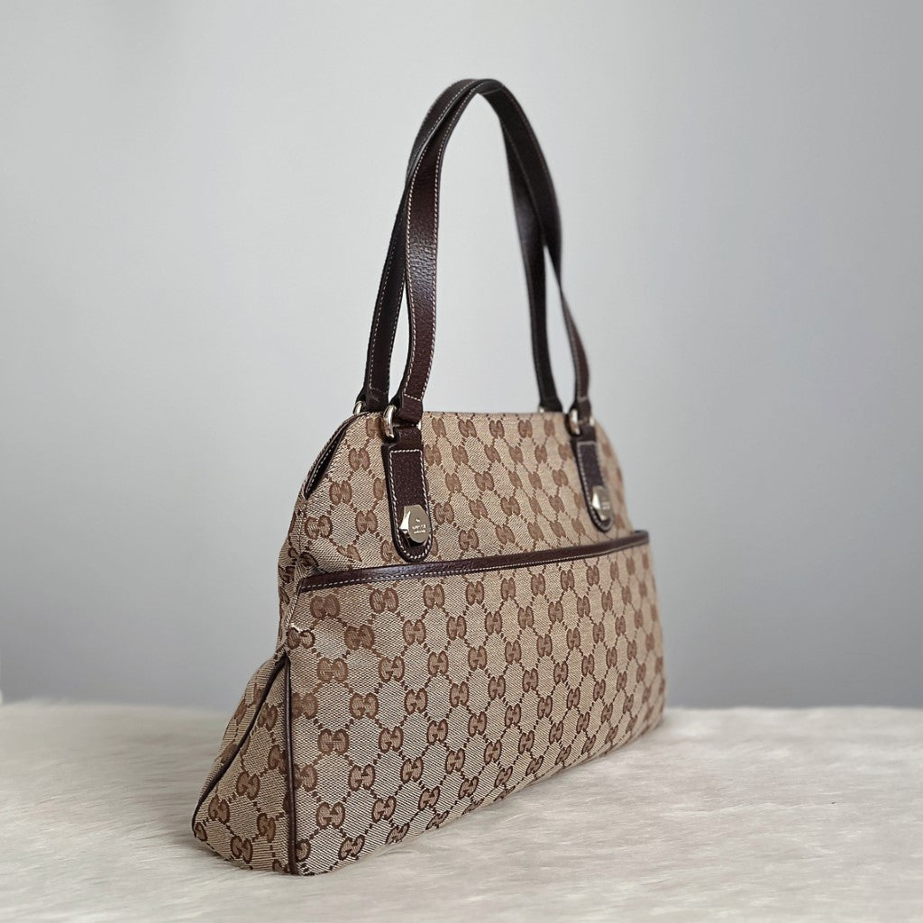 Gucci Brown Leather Trim Signature Double G Monogram Carryall Shoulder Bag Excellent