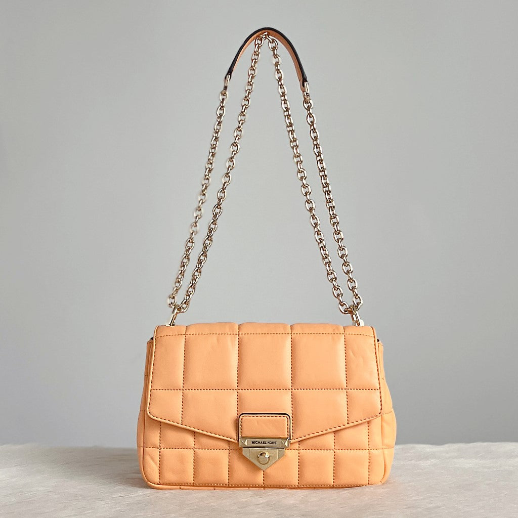 Michael Kors Peach Leather Quilted Chain Detail Crossbody Shoulder Bag