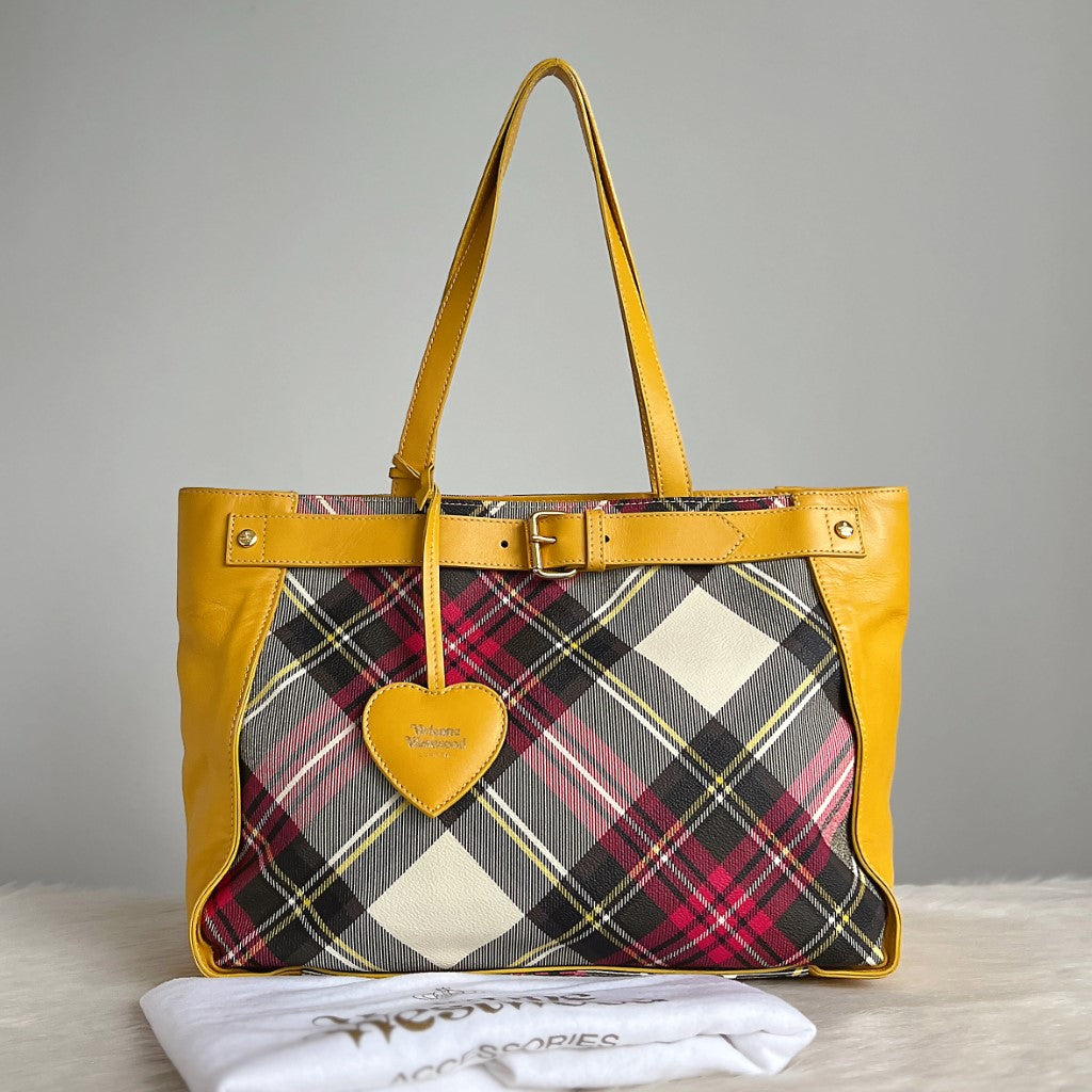 Vivienne Westwood Yellow Leather Signature Pattern Carryall Shoulder Bag Excellent