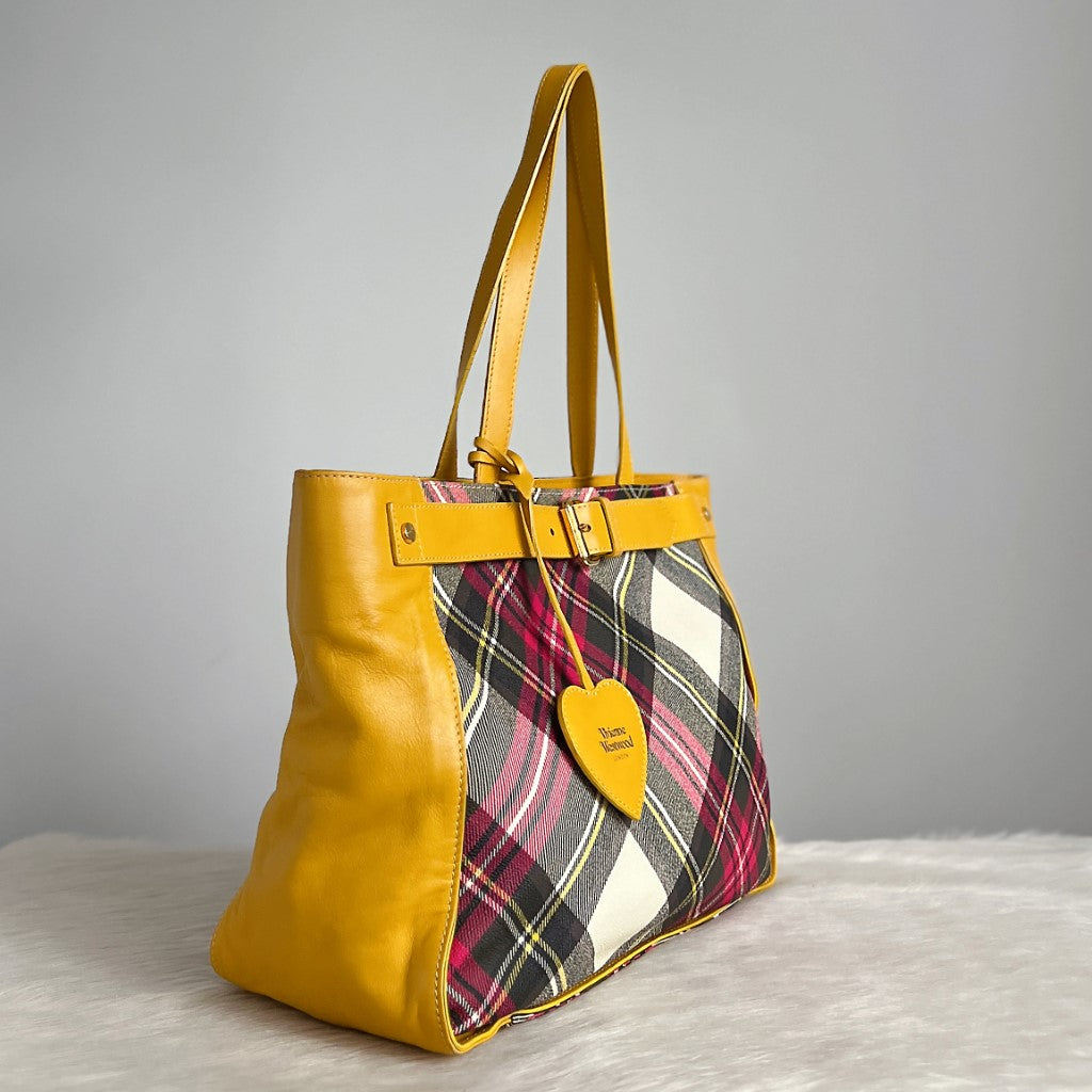 Vivienne Westwood Yellow Leather Signature Pattern Carryall Shoulder Bag Excellent