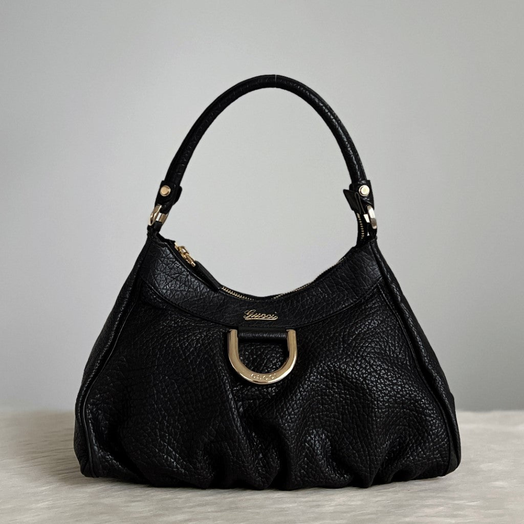 Gucci Black Leather Front Ring Detail Shoulder Bag