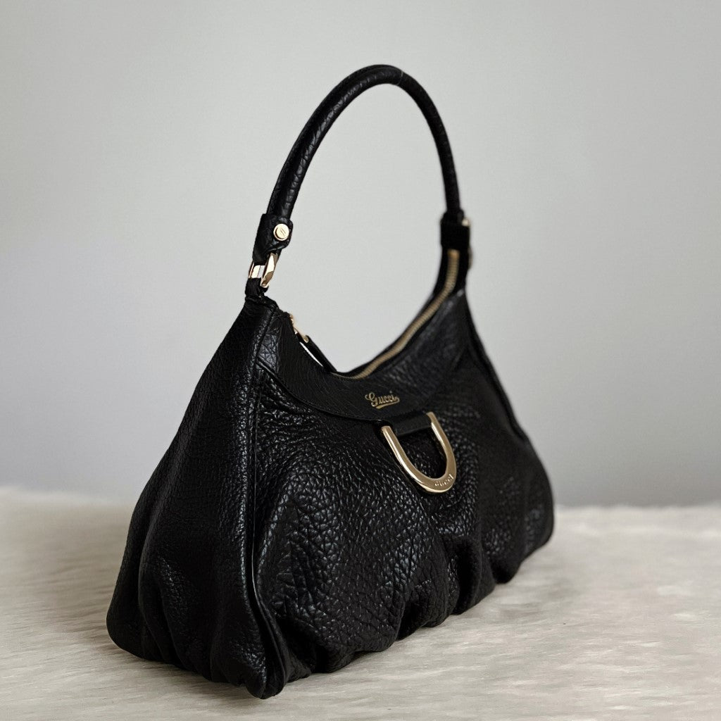 Gucci Black Leather Front Ring Detail Shoulder Bag