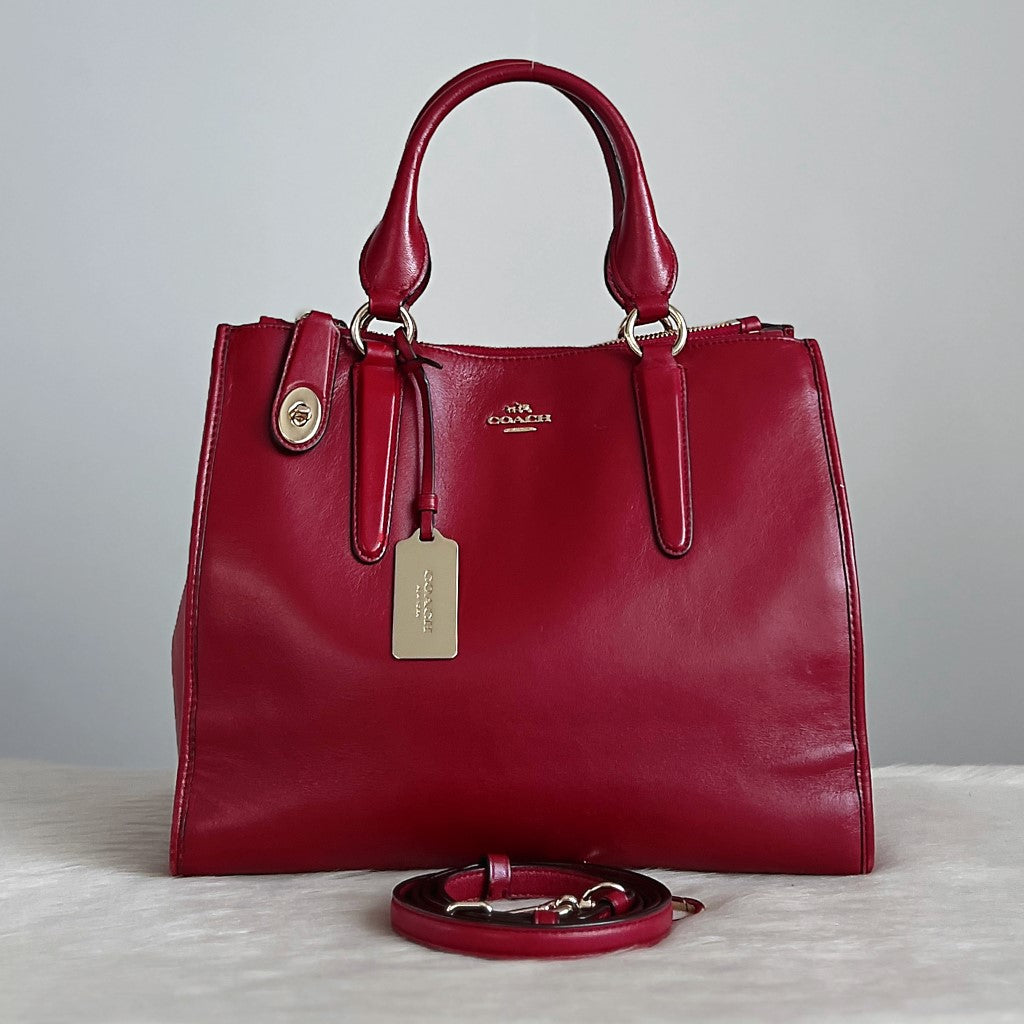 Coach Red Leather Front Logo Triple Compartment 2 Way Shoulder Bag