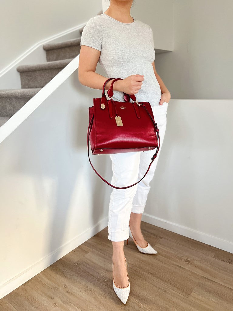 Coach Red Leather Front Logo Triple Compartment 2 Way Shoulder Bag