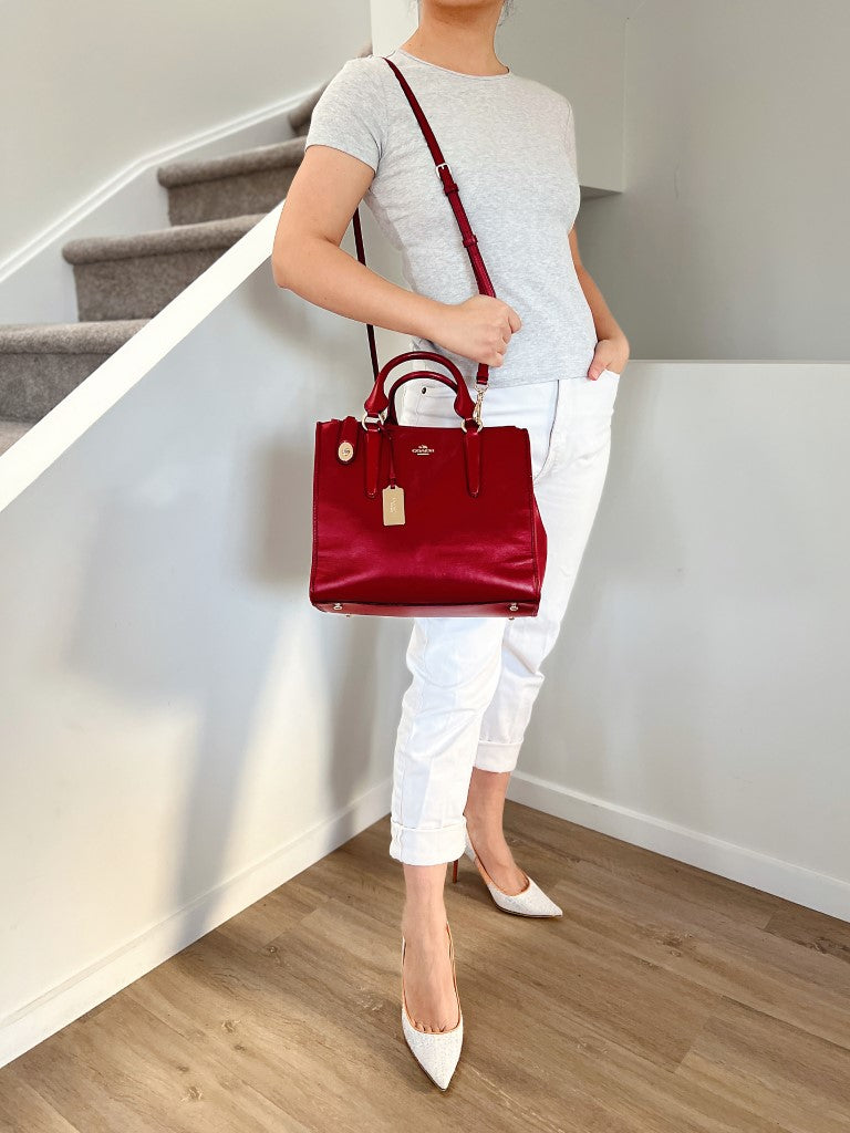 Coach Red Leather Front Logo Triple Compartment 2 Way Shoulder Bag