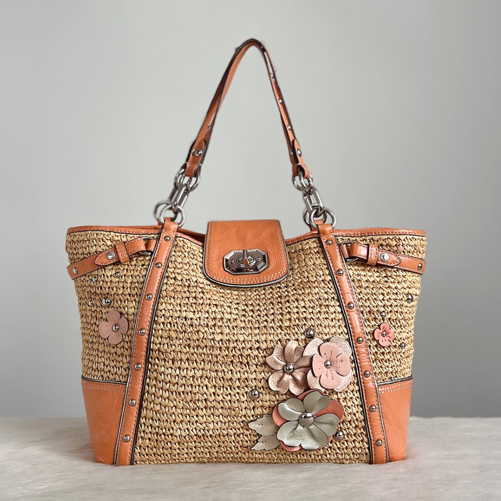 Coach Orange Leather Flower Detail Straw Large Holiday Shoulder Bag