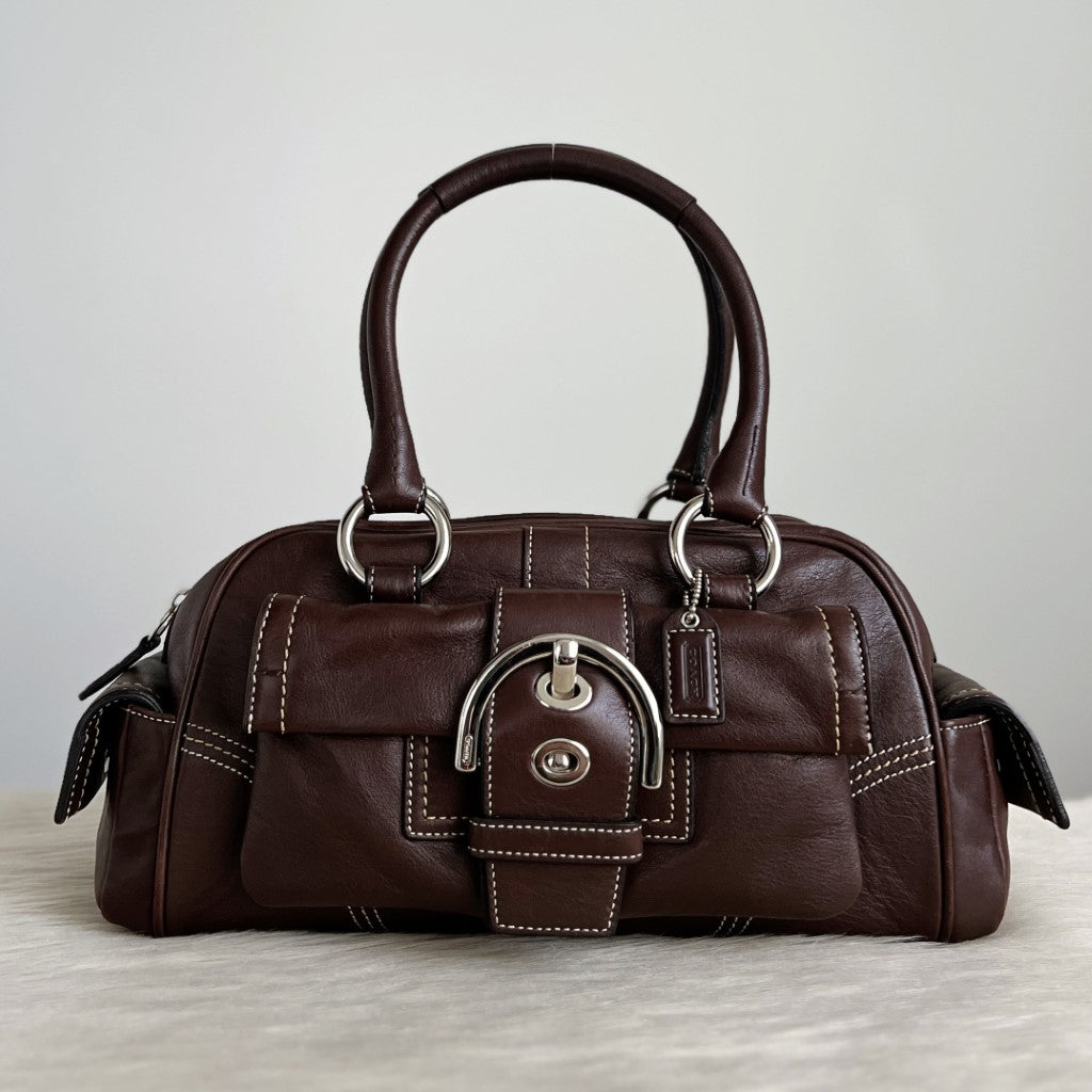 Coach Chocolate Leather Front Buckle Boston Tote Shoulder Bag