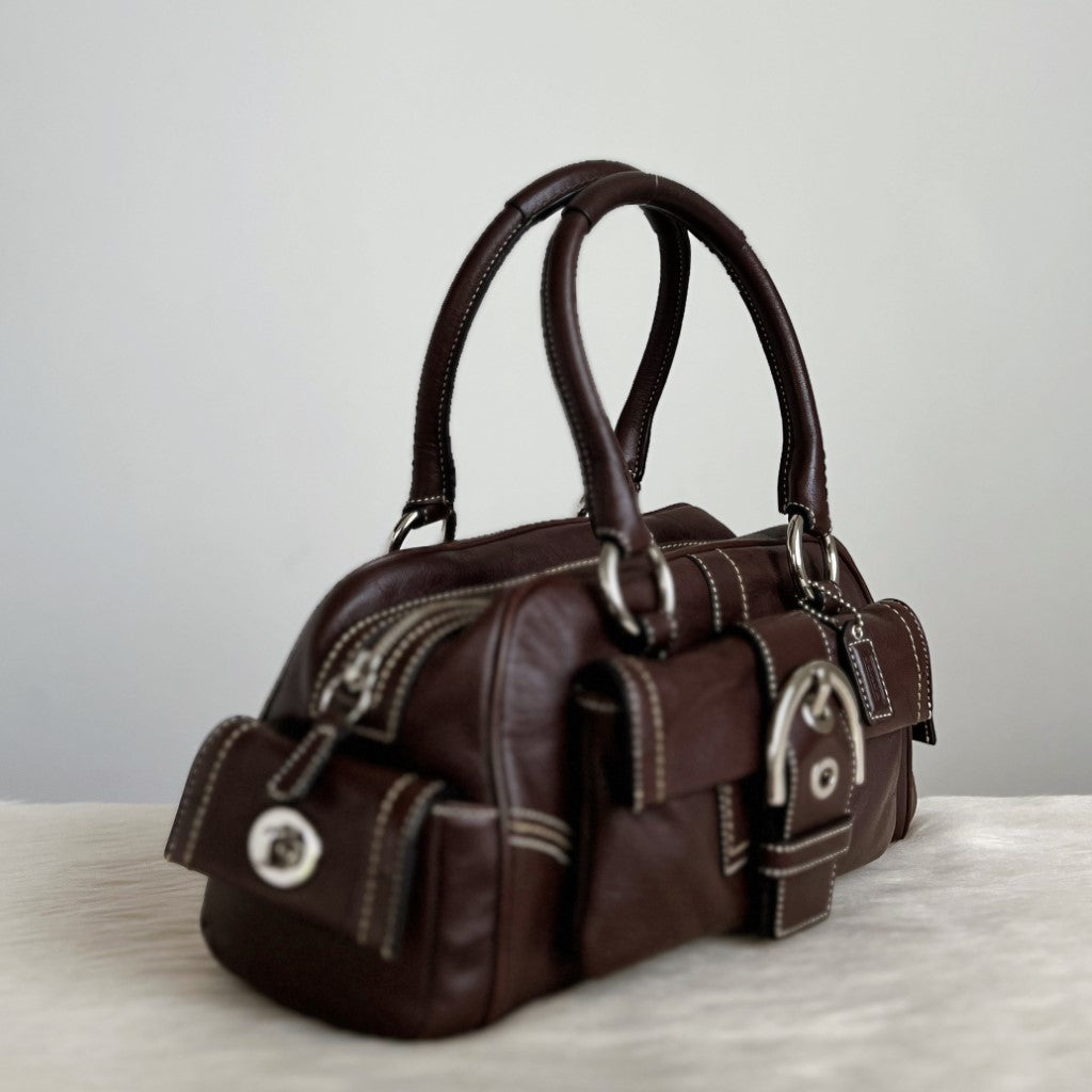 Coach Chocolate Leather Front Buckle Boston Tote Shoulder Bag