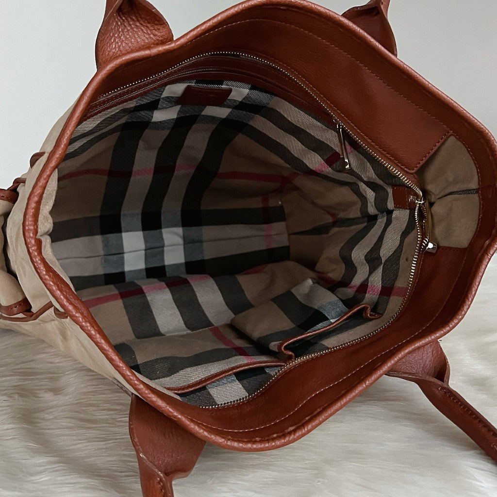 Burberry Caramel Leather Patchwork Front Logo Oversized Shoulder Bag