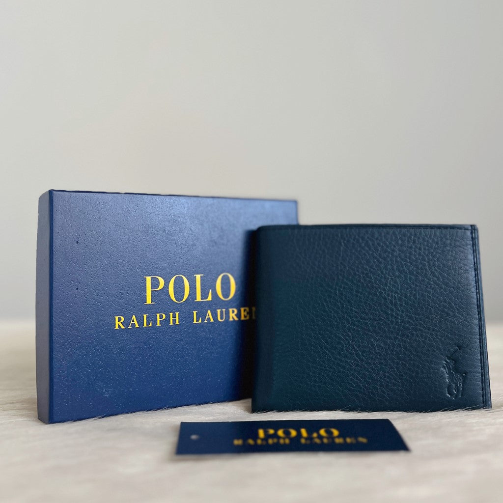 Ralph Lauren Blue Leather Embossed Logo Fold Short Wallet Like New