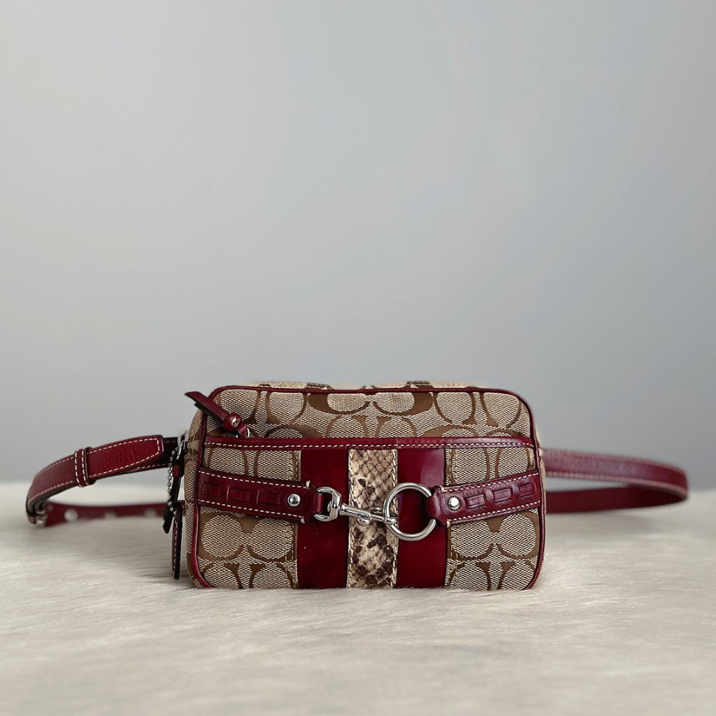 Coach Maroon Leather Front Buckle Detail Monogram Waist Bum Bag