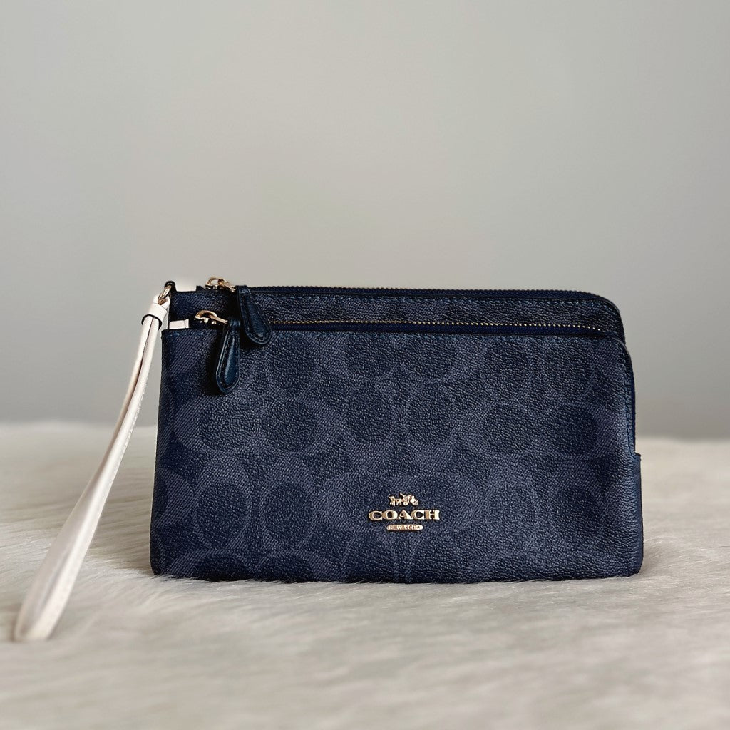 Coach Navy Signature Monogram Double Compartment Clutch Wallet Excellent