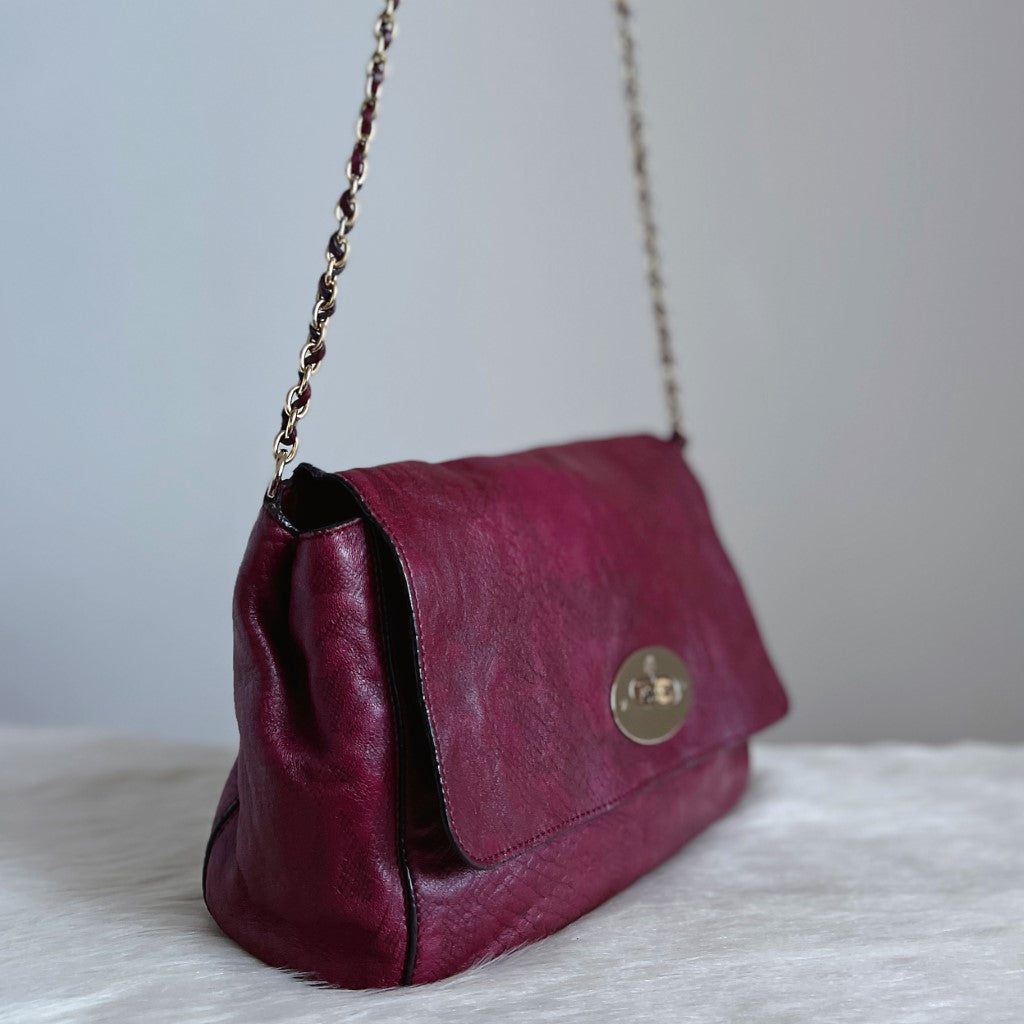 Mulberry Bordeaux Leather Turn Lock Chained Crossbody Shoulder Bag