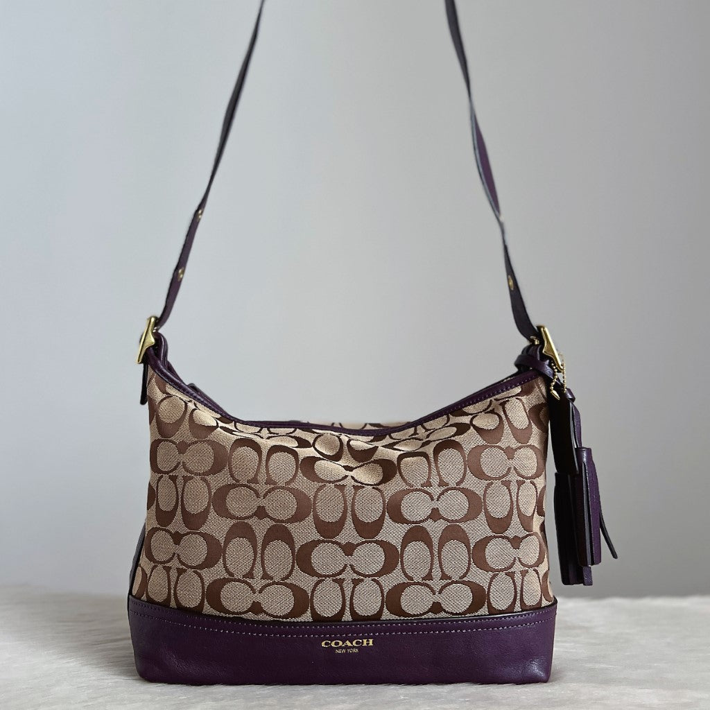 Coach Plum Leather Monogram Tassel Charm Crossbody Shoulder Bag Excellent