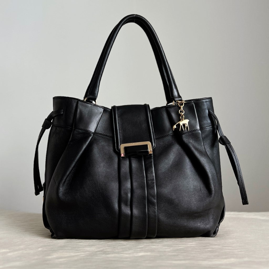 Bally Black Leather Front Buckle Detail Drawstring Shoulder Bag Excellent